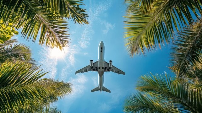 An airplane flying through a clear blue sky, framed by lush green palm tree fronds, with the sun shining brightly