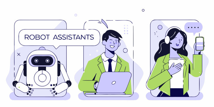 Robot assistants and human customer service representatives collaborating in a modern digital workspace