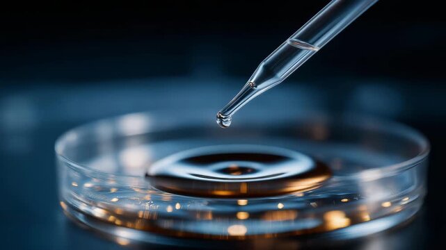 Macro shot of droplet suspended from pipette tip entering petri dish surface, emotion of anticipation and curiosity visible, representing nanotechnology experiments, chemistry innovation, and