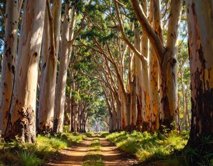 A sun-dappled dirt path disappears into a grove of tall trees with distinctive bark in dappled light and green undergrowth