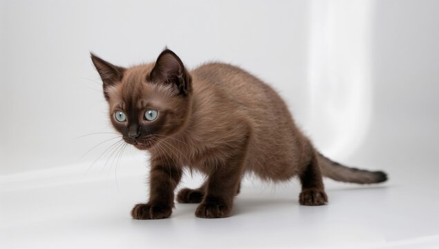 Burmese kitten with chocolate fur poised to leap, showcasing playful energy