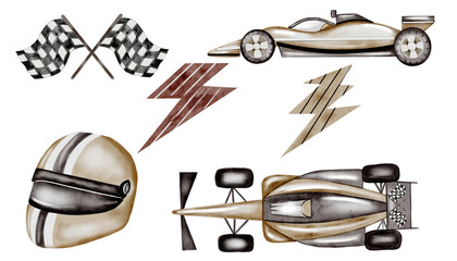 Racing cars watercolor set. Race car, helmet and flags in pastel colors on a white background. Ideal for children's textiles, wallpapers and baby shower design for boys © Татьяна Трущелева
