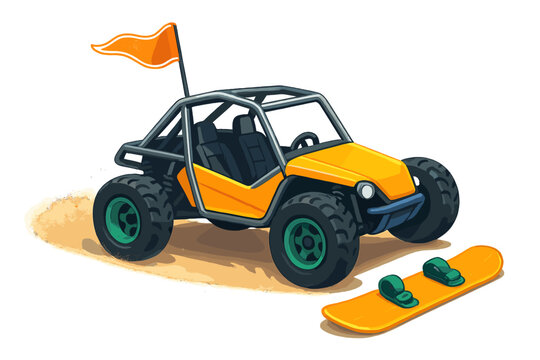 Yellow off-road dune buggy with large tires and safety flag parked on sand