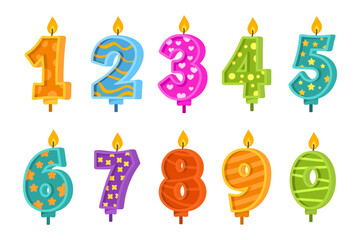 Cartoon number candles. Birthday candle for cake, anniversary celebration party age numbers design 1 2 3 4 5 6 7 8 9 shape first bday baby day holiday, kicky vector illustration