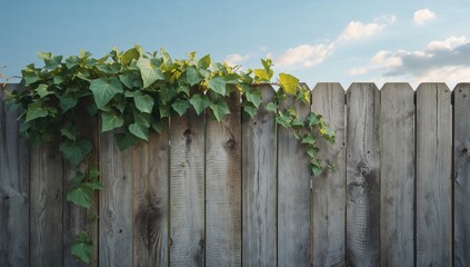 A weathered wooden fence adorned with climbing green leaves, enhancing tranquility in an outdoor setting beneath a clear blue sky