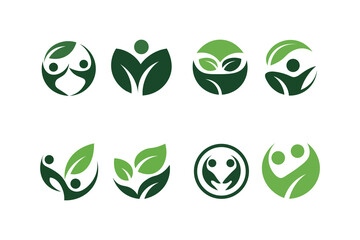 Collection of green eco friendly logos with human and leaf elements