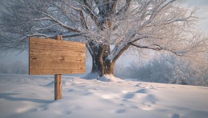 Blank sign in the snow, suitable for text overlay, seasonal winter aesthetics