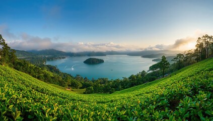 Fototapeta premium Wide-angle shot of the Enigmatic Reservoir and Tea Plantation Under Misty Skies