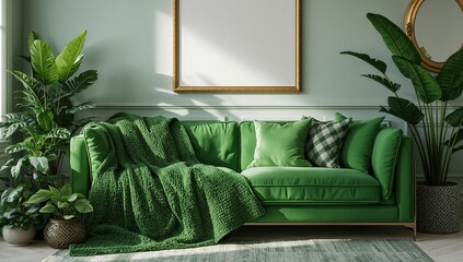 Green blanket draped over a vibrant sofa adorned with cushions in a living area featuring lush plants and a blank frame, enhancing comfort and relaxation