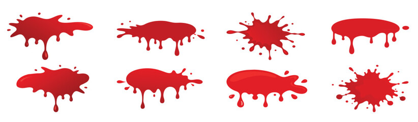 Set of Various Red Blood Stains or Paint Blots Isolated on White Background. Concept of Blood Drips, Splashes, Liquid Effects for Halloween, Crime Scenes, Graphic Design Elements