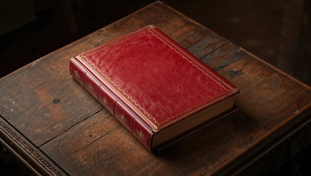 An aged wooden table features a closed red hardcover book, ideal for an editorial header background. - Powered by Adobe