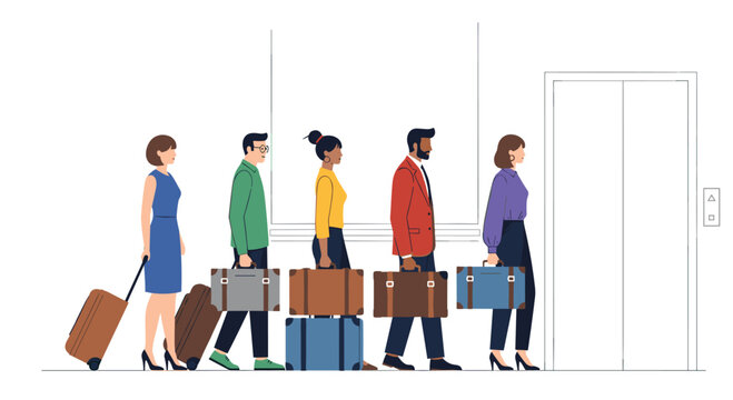 Diverse group of professionals patiently wait to board an elevator with their luggage, symbolizing travel and business journeys - Powered by Adobe