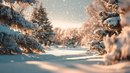 Snowy forest scene with sunlight filtering through the trees and snow falling gently down on the ground