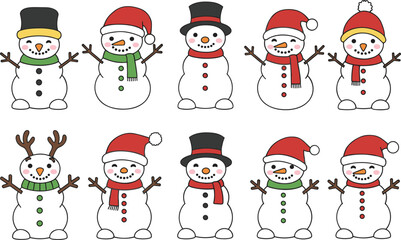 Cute snowman characters in festive Christmas hats and scarves, winter holiday cartoon illustration, cheerful snowmen collection for seasonal decoration design