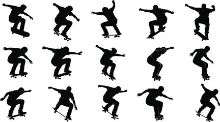 Skateboarder silhouettes performing tricks, jumps, flips, balance moves, dynamic skateboarding action sequence illustration, extreme sports activity design, urban lifestyle, flat vector