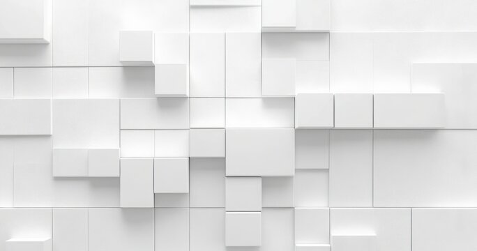 White three-dimensional geometric wall composed of raised and recessed square and rectangular blocks creating a clean modern abstract pattern
