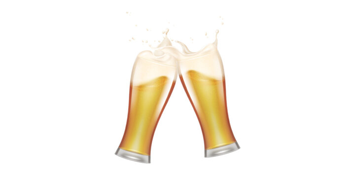 Realistic beer cheers. Two glass lager beer with foam, alcohol pint toast tall isolated mug cold yellow drink bubbles advertising banner transparent background vector illustration