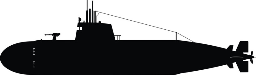 Submarine silhouette, military naval vessel, ocean warship, underwater fleet, defense ship, periscope design, deck gun, marine transport, flat vector illustration
