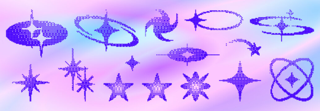 Y2k pixel star shapes in vibrant blue - abstract cosmos icons with halftone dots on holographic gradient background. Retro space elements for nostalgic web design or futuristic digital aesthetics.