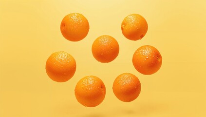 Several slices of orange float against a bright yellow backdrop, ripe citrus fruit