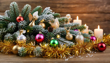 An exquisite composition of Christmas decorations fir branches, shimmering garlands and shiny balls. Create a festive atmosphere with silver and mother-of-pearl Christmas decorations.