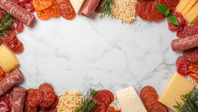 Assorted meat and cheese appetizers arranged on a white marble surface, ideal for editorial header background