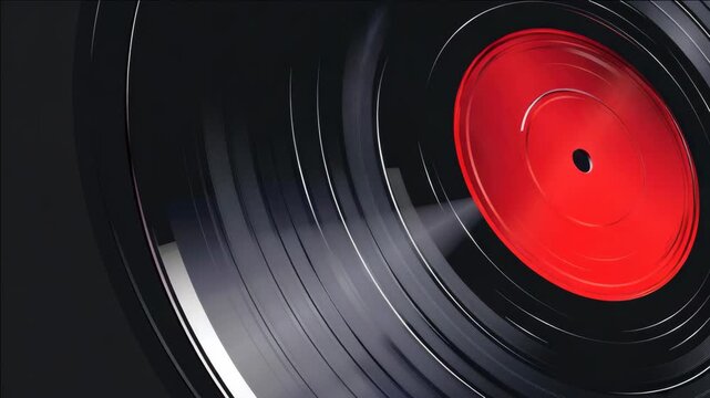This features a close-up of a red vinyl record spinning on a turntable with a blurred background. The texture and color of the record stand out prominently in this high-resolution shot.