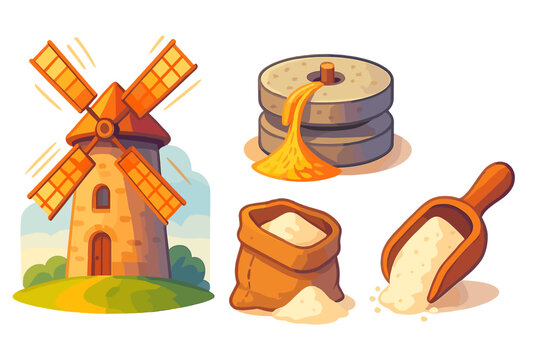 Traditional windmill, millstones, flour sack, and wooden scoop for baking and agriculture