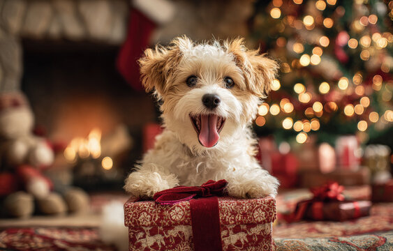 Adorable perrito marron y blanco feliz sobre una caja de regalo con cinta roja, con fondo de sala de estar con chimenea encendida y arbol de navidad con luces encendidas. 