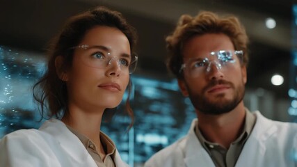 Scientists in futuristic lab observing AI-controlled chemical reactions with holographic data overlays, symbolizing precision research, automated experimentation, and advanced laboratory - Powered by Adobe