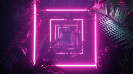 Fototapeta premium Neon pink square tunnel in a tropical jungle with palm leaves and futuristic ambiance