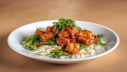 Fototapeta premium Crispy Pork Stir-Fry Served Over Rice with Fresh Greens