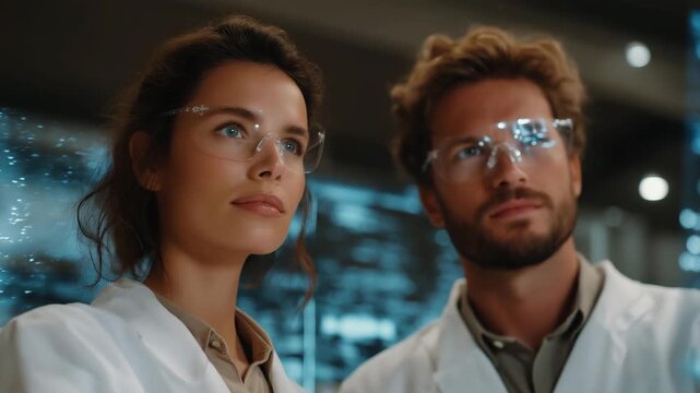 Scientists in futuristic lab observing AI-controlled chemical reactions with holographic data overlays, symbolizing precision research, automated experimentation, and advanced laboratory