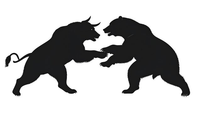 Silhouette illustration depicts a bull and bear facing each other, representing market trends and financial concepts. The figures are in an aggressive stance