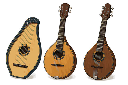 Variety of wooden string instruments featuring a zither and two different styles of mandolin