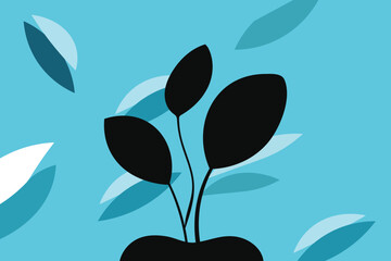 Minimalist illustration of a black plant with three leaves on a blue background