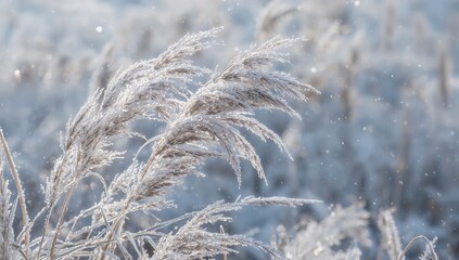 Hoarfrost covering reed grass during a winter morning, highlighting seasonal change