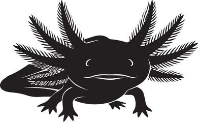 Naklejka premium Black silhouette of a cheerful amphibian axolotl with feathery gills smiling