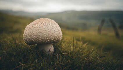 Giant Puffball Mushroom (Calvatia Gigantea) Emerging from Grass in a Rural Setting, Nature's Seasonal Change