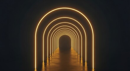 Illuminated golden arches create a futuristic tunnel leading into darkness