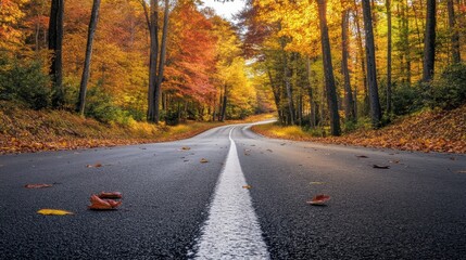 Fototapeta premium A winding asphalt road through a vibrant forest ablaze with the warm, golden hues of autumn foliage during a bright, sunny day