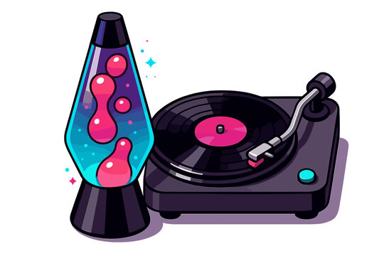 Stylized retro lava lamp and classic vinyl record player setup with vibrant neon colors