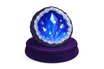 Luminous blue and purple crystal geode resting on a velvet cushion isolated on a white background