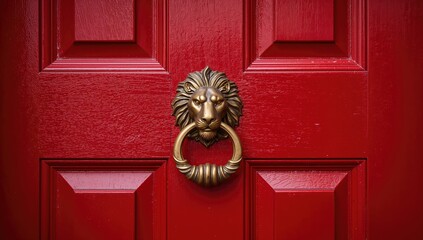 A red door featuring an intricately carved lion head handle in bronze, highlighting craftsmanship