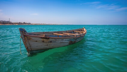 Fototapeta premium Old ship in the sea showing signs of rust, highlighting ecological concerns