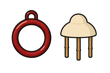 Obraz premium Simple red ring and small beige stool with bamboo legs on white background