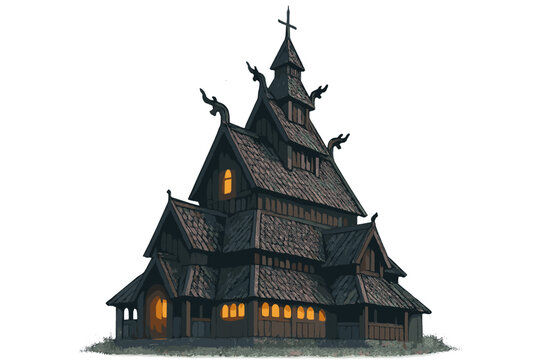 Historic dark wooden stave church with intricate roof details and glowing isolated on white