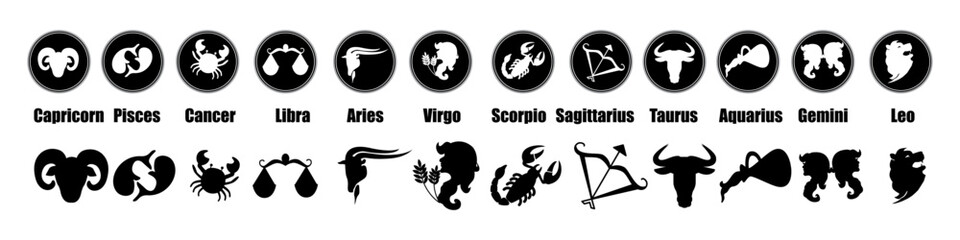 Horoscope zodiac flat signs collection. horoscope silhouette clipart set. Constellation of Aries, Taurus, Leo, Gemini, Virgo, Scorpio, Libra, Aquarius, Sagittarius, Pisces, Capricorn, Cancer. 