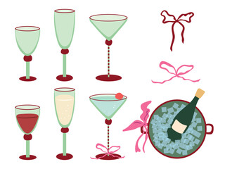 Holiday drinks vector illustrations set. Festive cocktail, wine and champagne glasses with ribbons, bottle in ice bucket isolated on white background. Party alcoholic beverages and trendy glassware