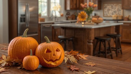 Obraz premium Carved pumpkins arranged on a wooden table, seasonal decor for Halloween